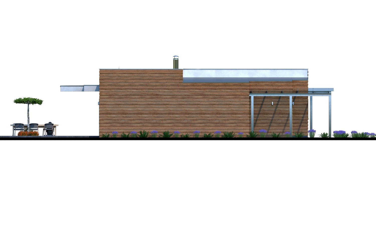 Zrkadlový pohľad 4. - Moderní rodinný dům s přístřeškem pro auto a plochou střechou.