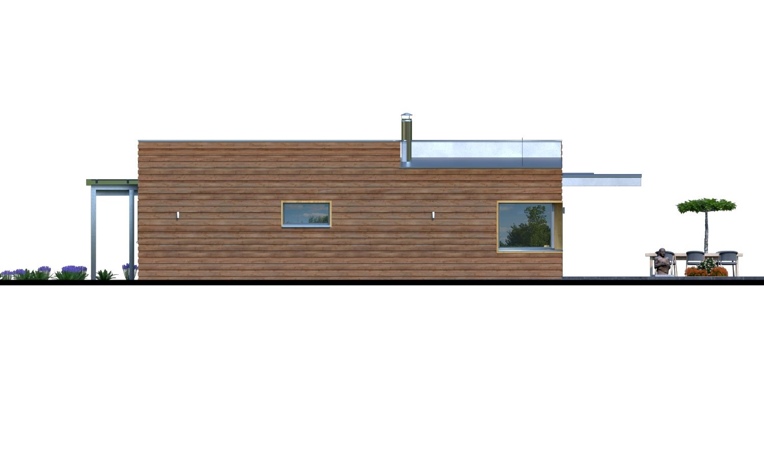 Zrkadlový pohľad 2. - Moderní rodinný dům s přístřeškem pro auto a plochou střechou.