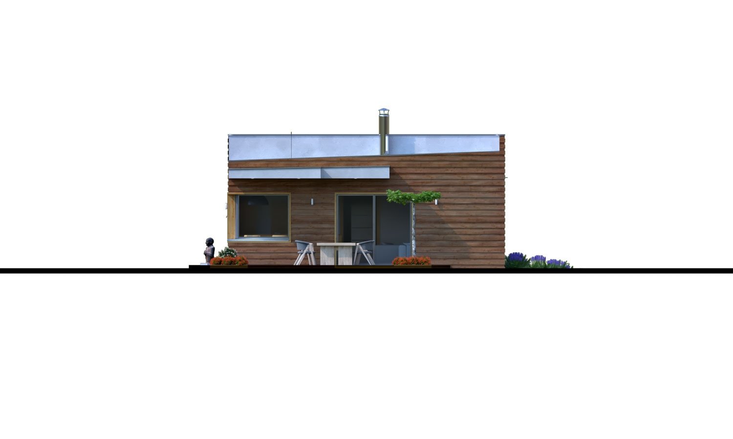Zrkadlový pohľad 3. - Moderní rodinný dům s přístřeškem pro auto a plochou střechou.
