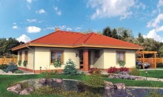 Rodinný dům ve tvaru do L s překrytou terasou a velkým vstupním prostorem. Možnost změny tvaru střechy.