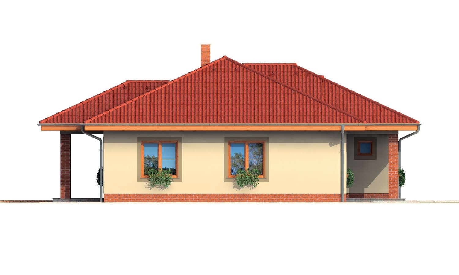 Pohľad 4. - Rodinný dům ve tvaru do L s překrytou terasou a velkým vstupním prostorem. Možnost změny tvaru střechy.