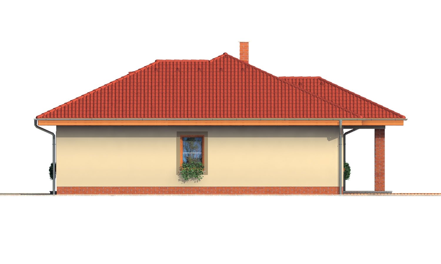 Pohľad 2. - Rodinný dům ve tvaru do L s překrytou terasou a velkým vstupním prostorem. Možnost změny tvaru střechy.