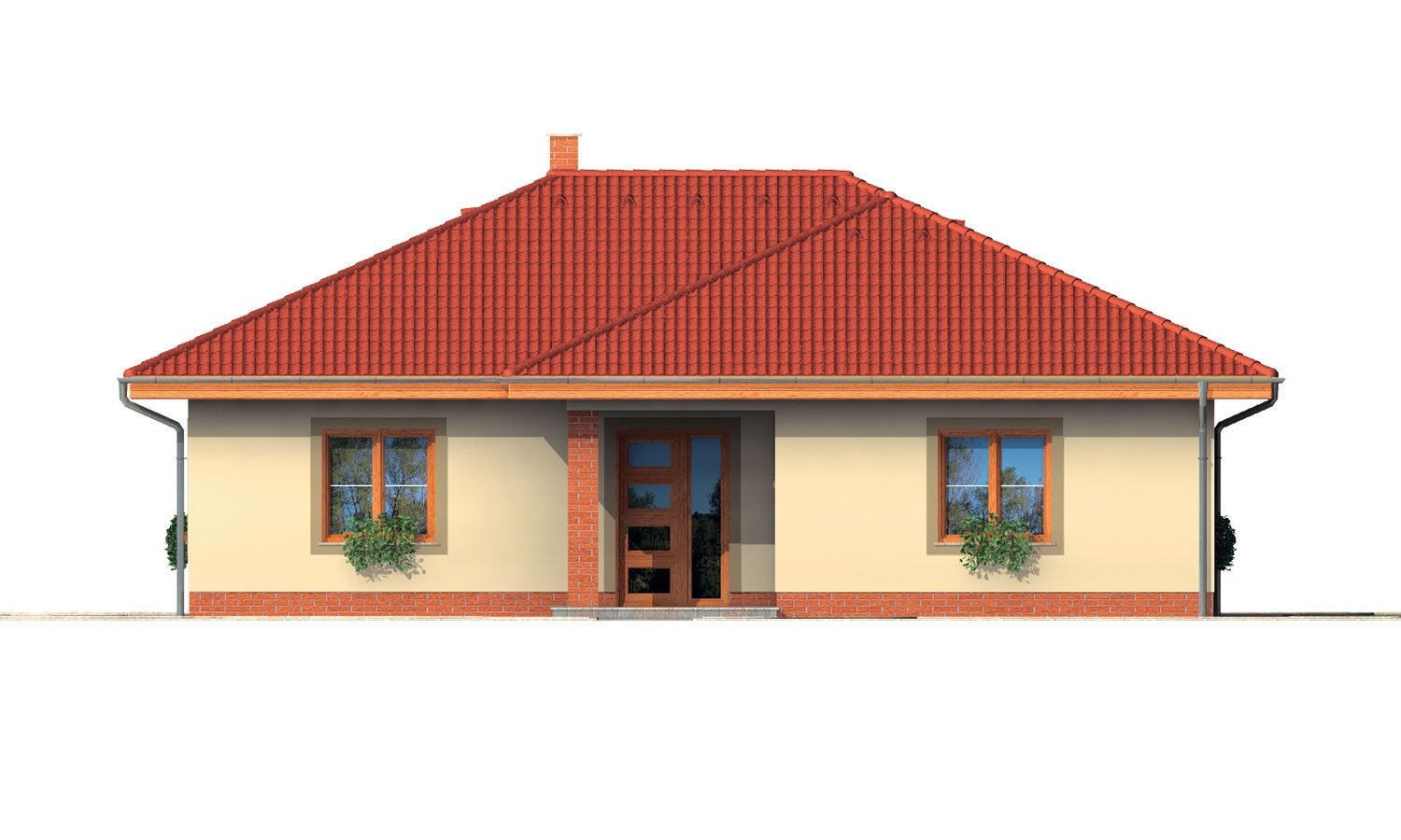 Pohľad 1. - Rodinný dům ve tvaru do L s překrytou terasou a velkým vstupním prostorem. Možnost změny tvaru střechy.