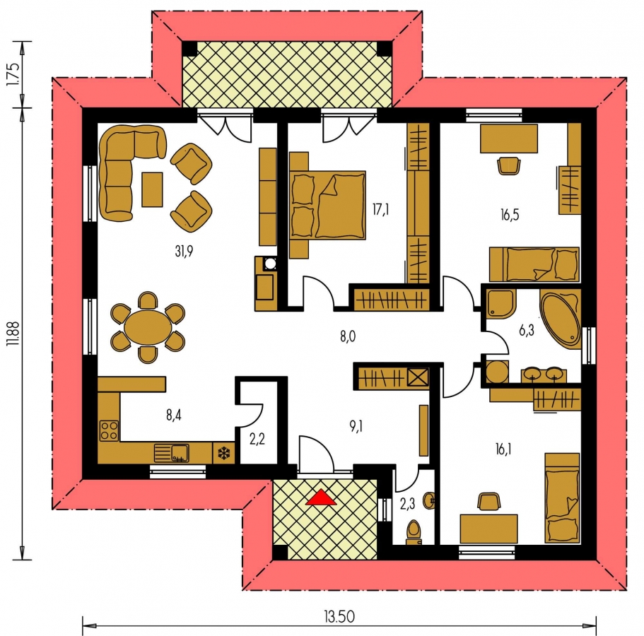 Pôdorys Prízemia - Rodinný dům ve tvaru do L s překrytou terasou a velkým vstupním prostorem. Možnost změny tvaru střechy.