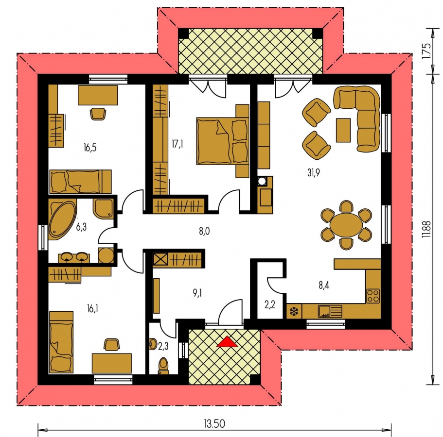 Pôdorys Prízemia - Rodinný dům ve tvaru do L s překrytou terasou a velkým vstupním prostorem. Možnost změny tvaru střechy.