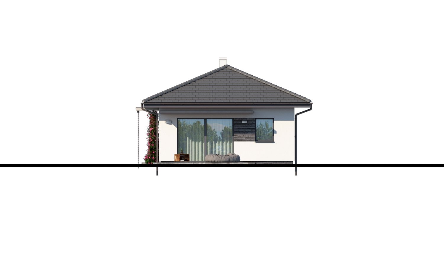 Zrkadlový pohľad 2. - Zděný projekt 4-pokojového domu na dlouhý a úzký pozemek s bočním vstupem.