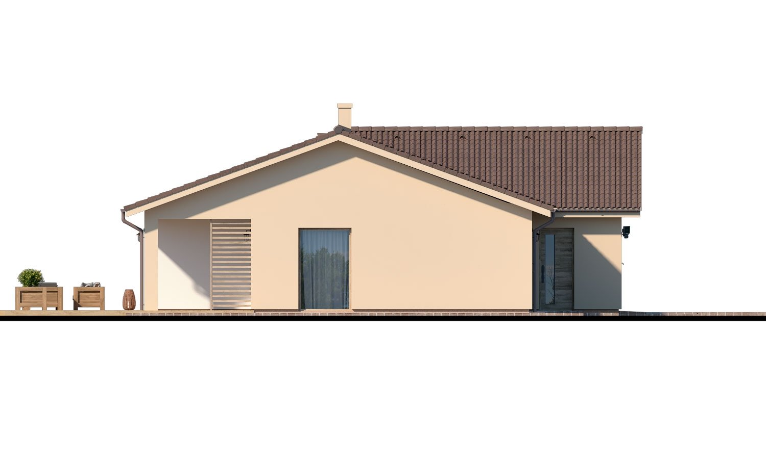 Pohľad 4. - Velký 4-pokojový bungalov s dvougaráží a terasou, přístupnou se všech obytných místností.