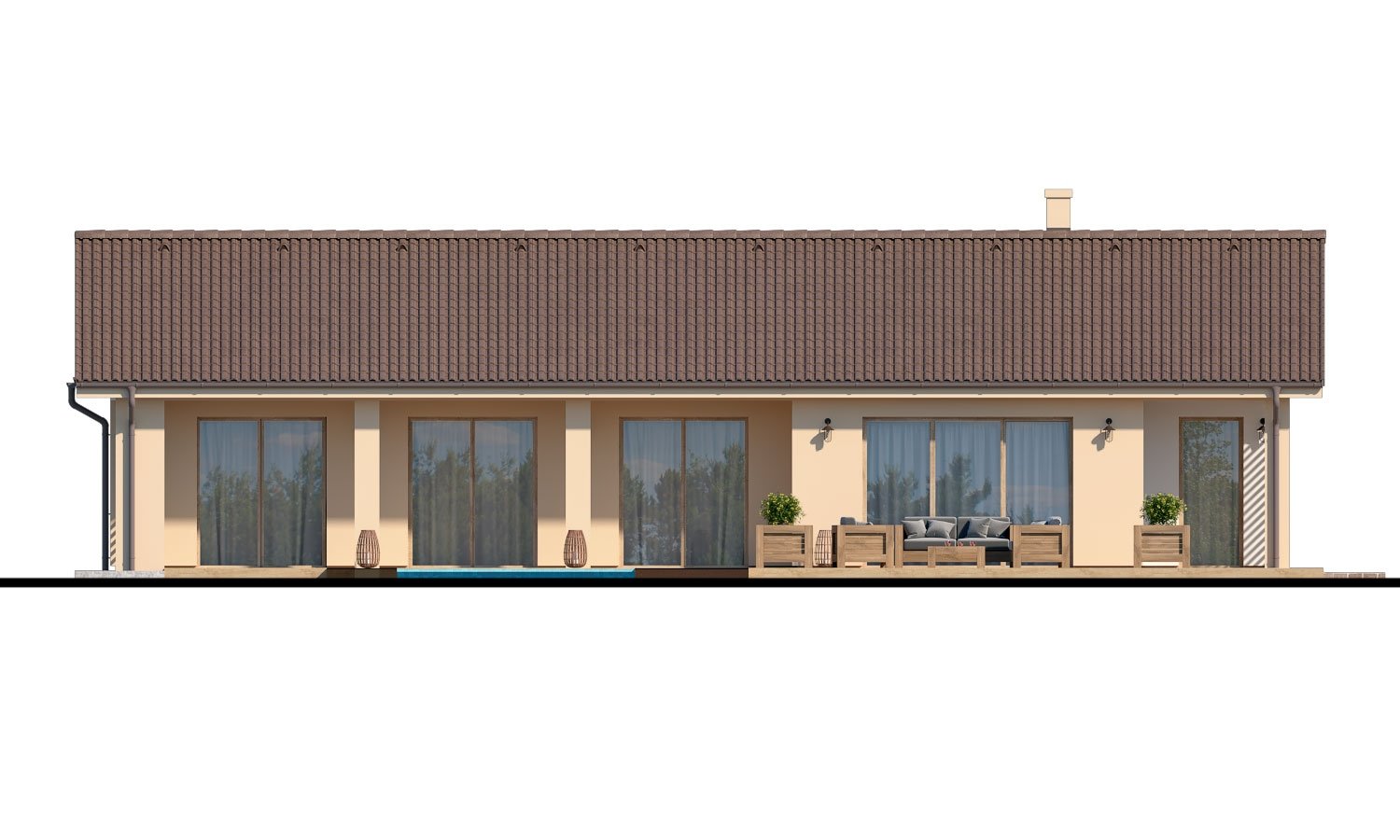 Zrkadlový pohľad 3. - Velký 4-pokojový bungalov s dvougaráží a terasou, přístupnou se všech obytných místností.