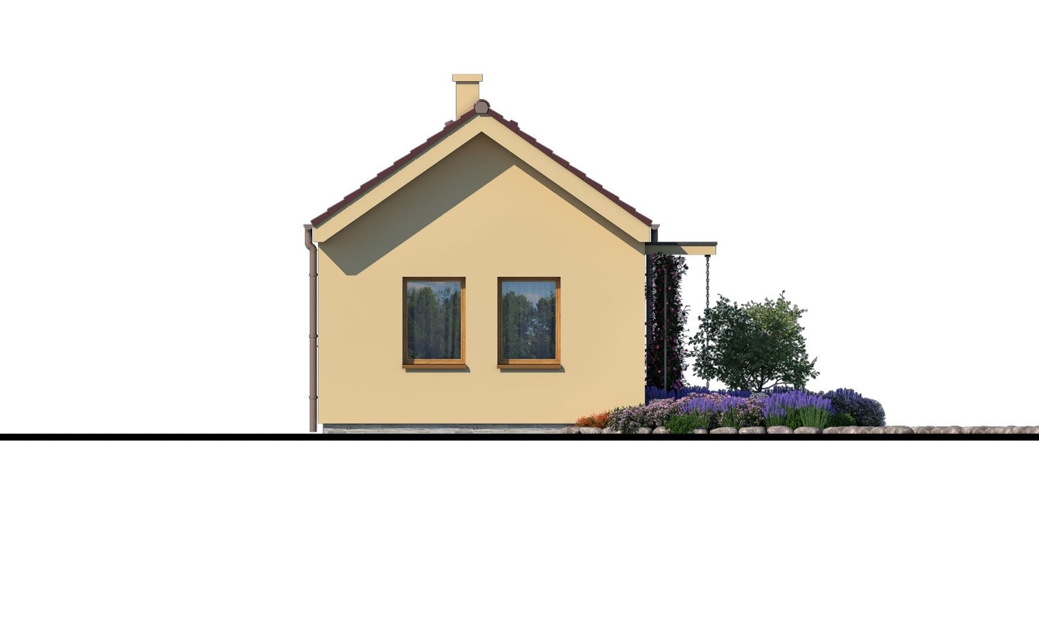 Zrkadlový pohľad 4. - Levný zděný dům na úzký pozemek, vhodný i na zahradní domek, nebo chatu. Možnost realizace s pultovou nebo valbovou střechou.