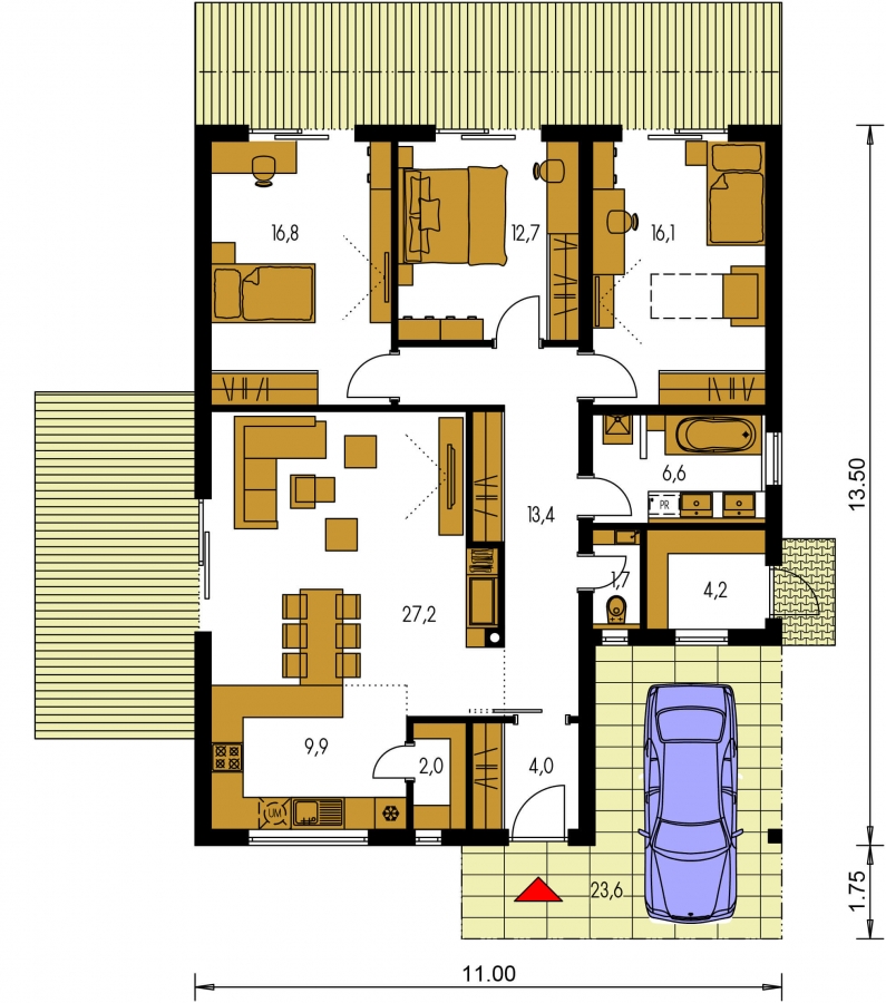 Pôdorys Prízemia - Moderní 4-pokojový zděný rodinný dům s plochou střechou. Možnost realizace s valbovou nebo sedlovou střechou.