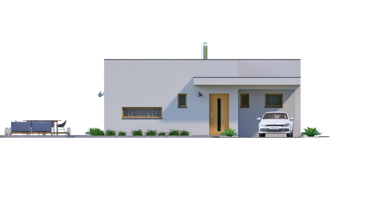Pohľad 1. - Moderní 4-pokojový zděný rodinný dům s plochou střechou. Možnost realizace s valbovou nebo sedlovou střechou.