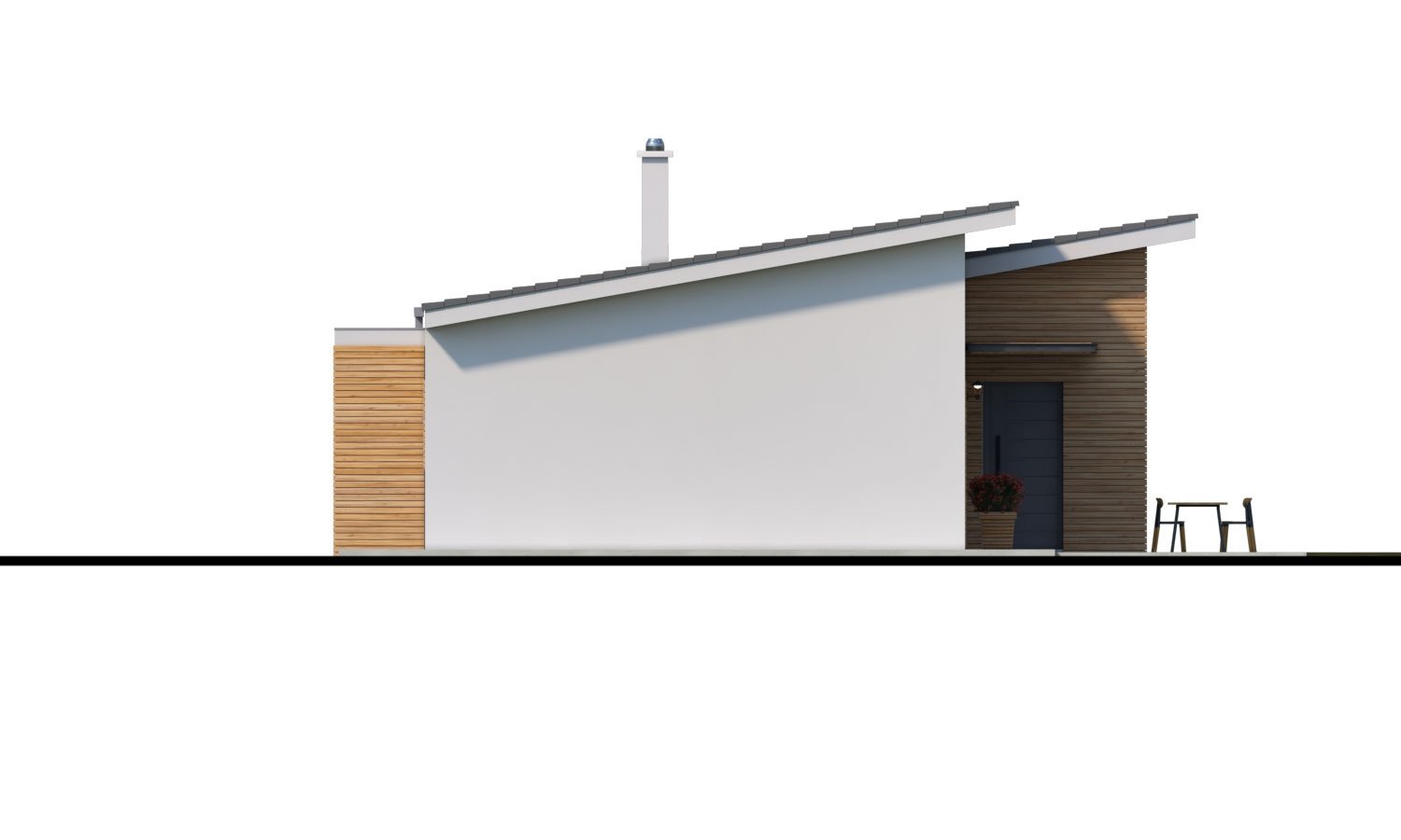 Zrkadlový pohľad 2. - Moderní malý zděný rodinný dům s garáží, pultovou střechou. Možná realizace s dvojgaráží, nebo bez garáže. Vhodný i jako dvojdům nebo do řadové zástavby.