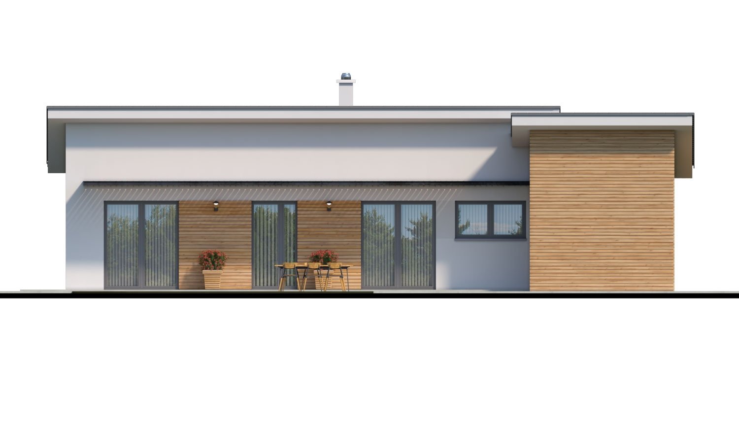 Pohľad 3. - Moderní malý zděný rodinný dům s garáží, pultovou střechou. Možná realizace s dvojgaráží, nebo bez garáže. Vhodný i jako dvojdům nebo do řadové zástavby.