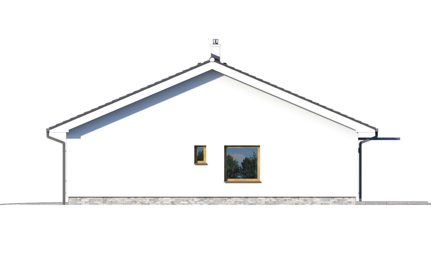Pohľad 2. - Moderní bungalov s garáží ve tvaru U, sedlovou střechou a s pokoji orientovanými do zahrady.