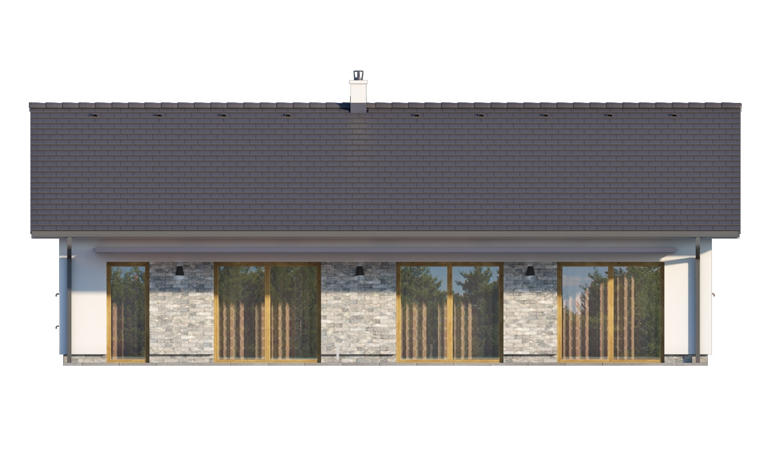 Pohľad 3. - Moderní bungalov s garáží ve tvaru U, sedlovou střechou a s pokoji orientovanými do zahrady.