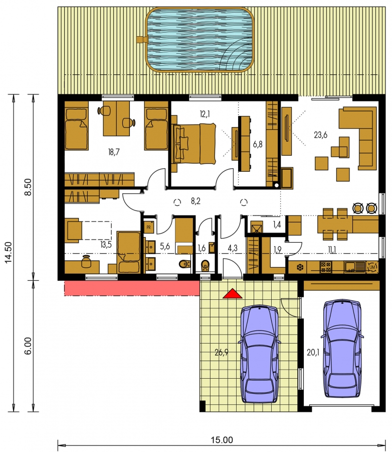 Pôdorys Prízemia - Moderní rodinný dům s garáží pro 4 až 5 člennou rodinku. Možnost změnit tvar střechy, případně realizovat dům bez garáže. Vhodný i jako dvojdům.