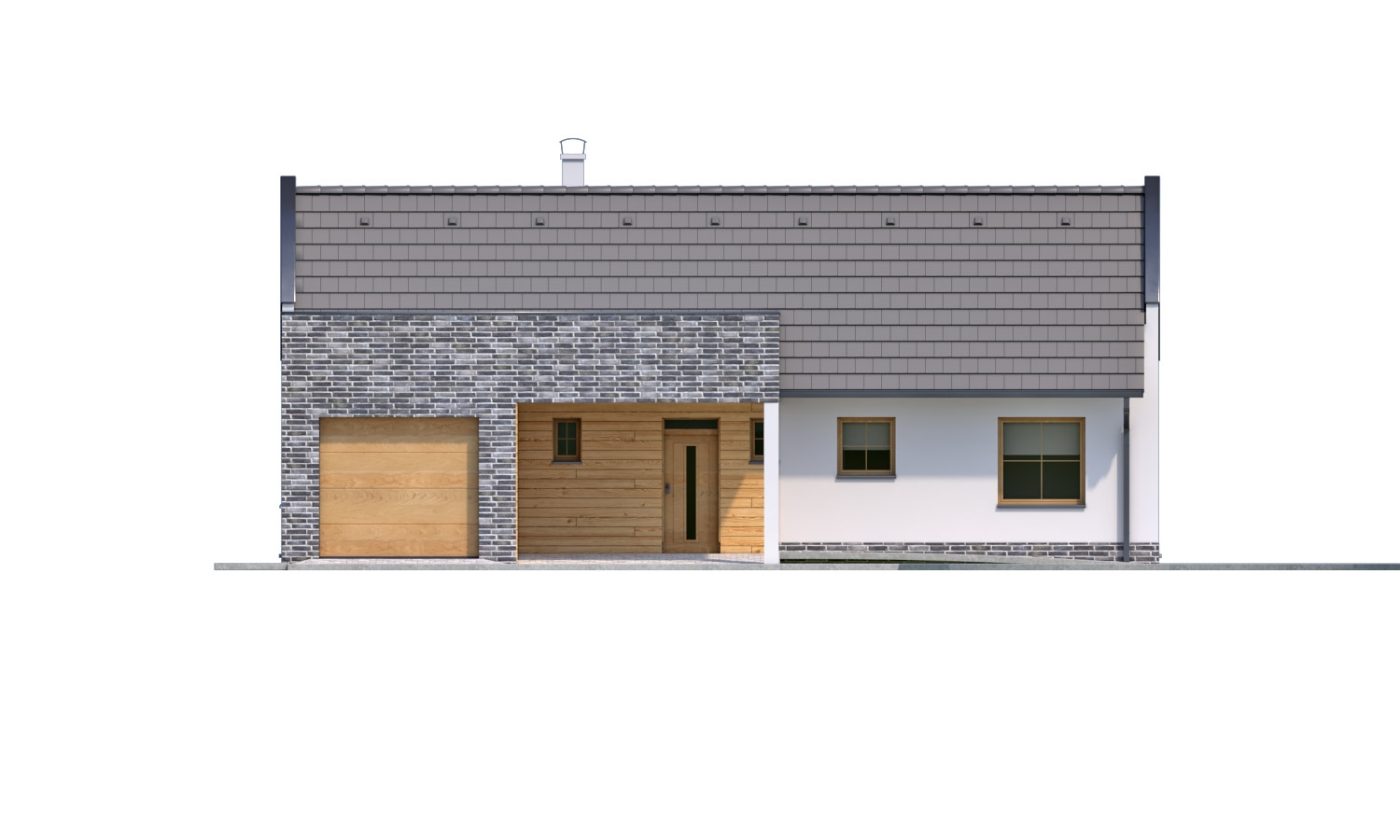Pohľad 1. - Moderní rodinný dům s garáží pro 4 až 5 člennou rodinku. Možnost změnit tvar střechy, případně realizovat dům bez garáže. Vhodný i jako dvojdům.