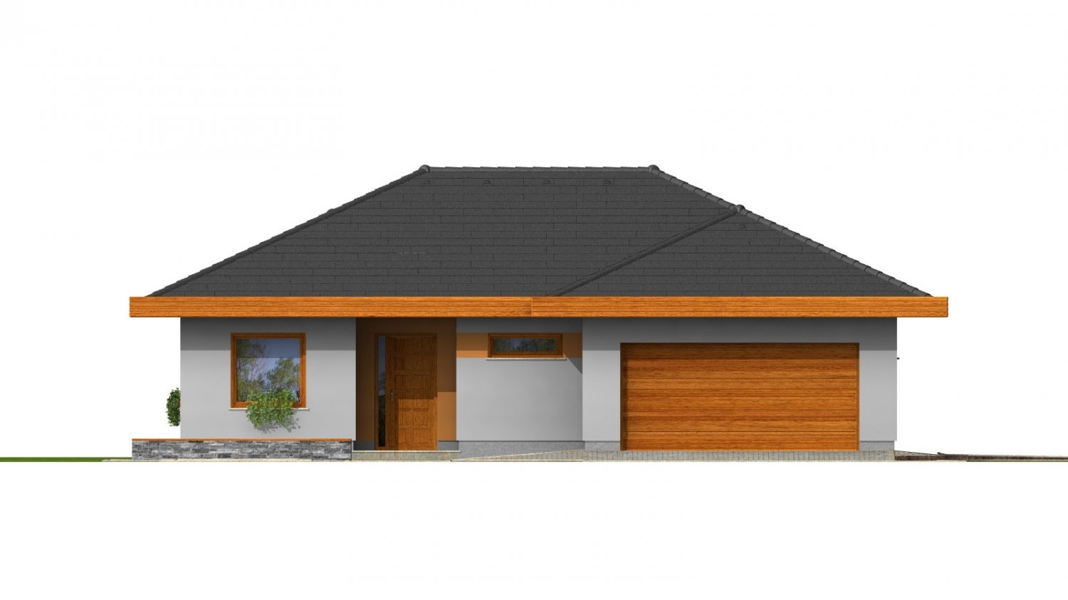 Zrkadlový pohľad 1. - Dům do L s dvojgaráží a valbovou střechou. Možnost realizovat plochou střechu.
