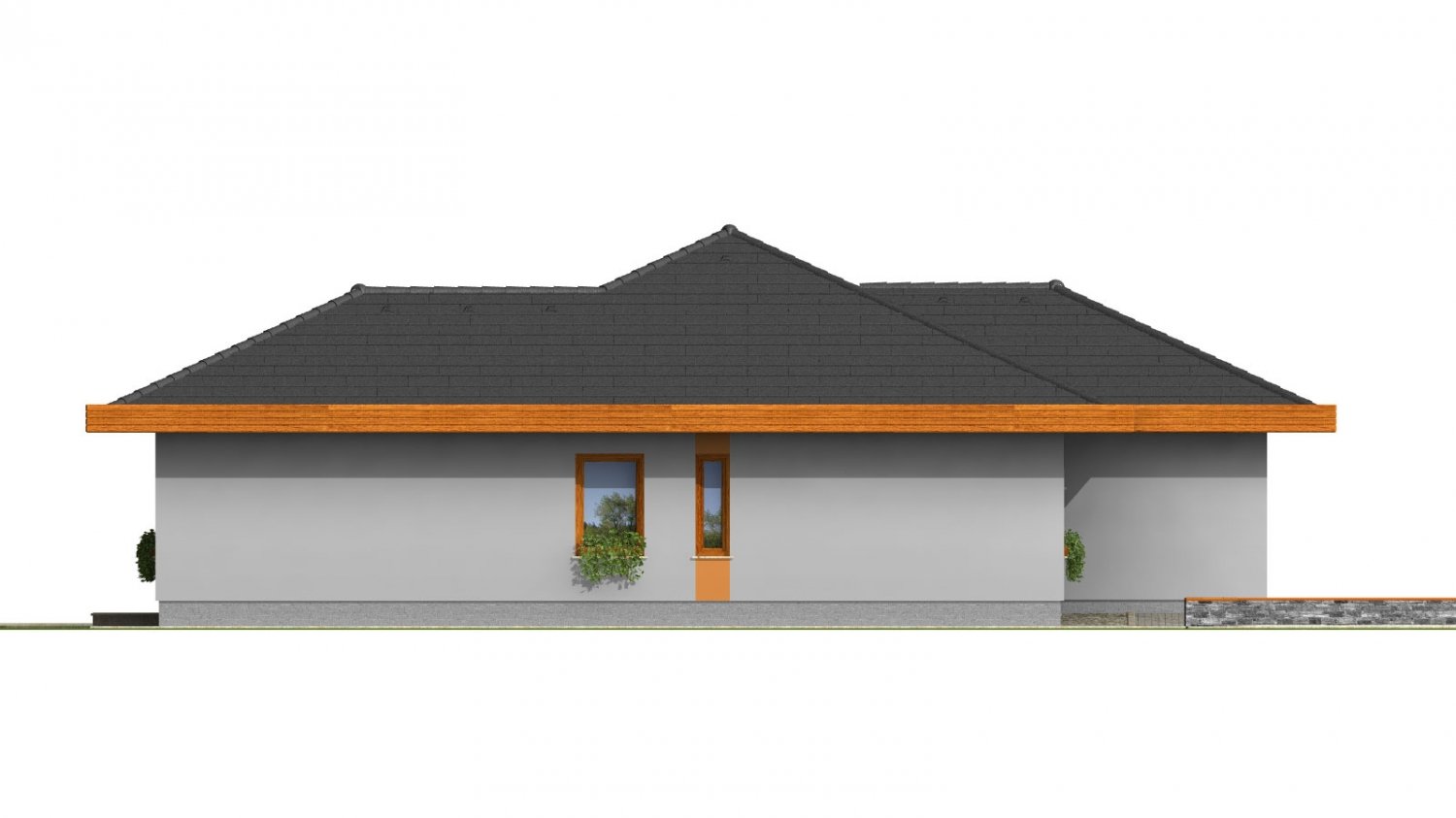 Pohľad 2. - Dům do L s dvojgaráží a valbovou střechou. Možnost realizovat plochou střechu.