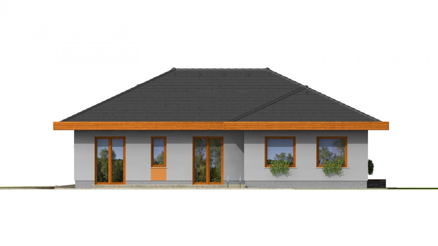 Zrkadlový pohľad 3. - Dům do L s dvojgaráží a valbovou střechou. Možnost realizovat plochou střechu.