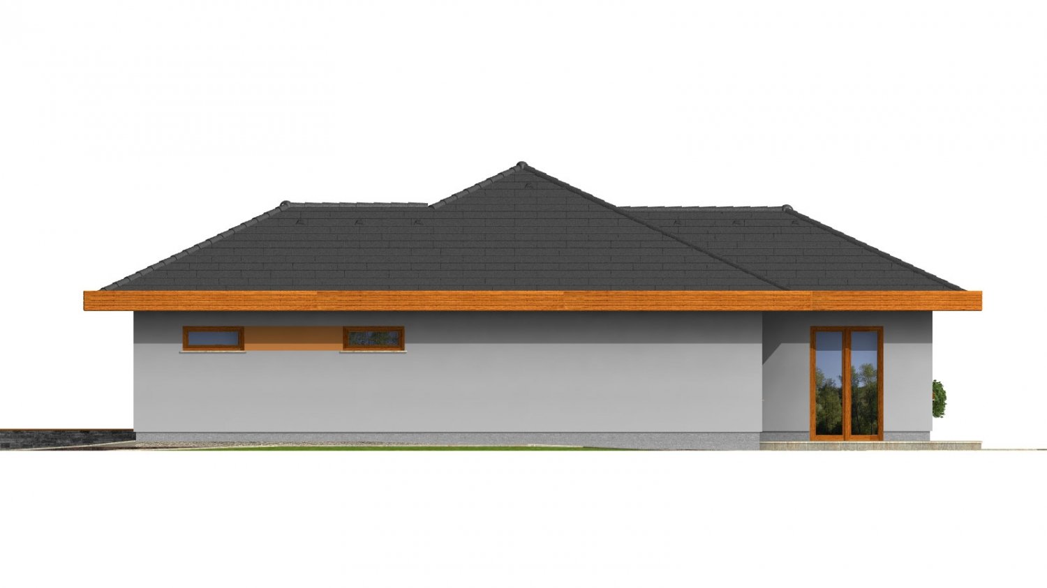 Zrkadlový pohľad 4. - Dům do L s dvojgaráží a valbovou střechou. Možnost realizovat plochou střechu.