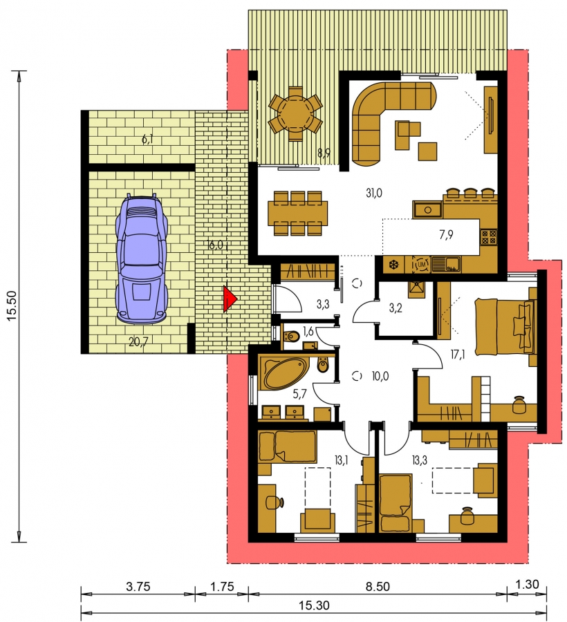 Pôdorys Prízemia - projekt moderního bungalovu s garáží vhodného pro 4 až 6 člennou rodinu