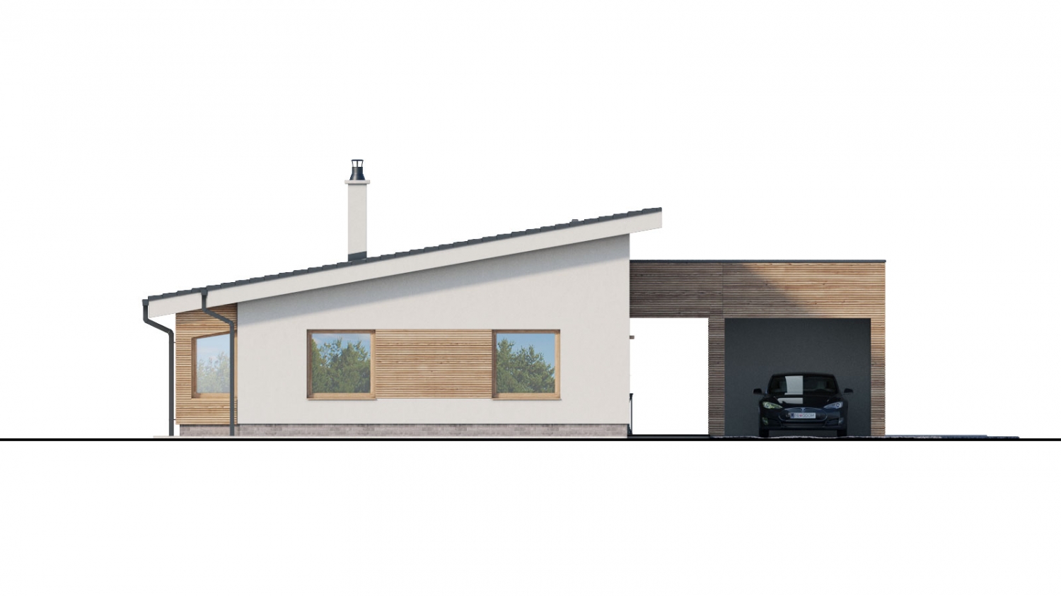 Pohľad 1. - projekt moderního bungalovu s garáží vhodného pro 4 až 6 člennou rodinu