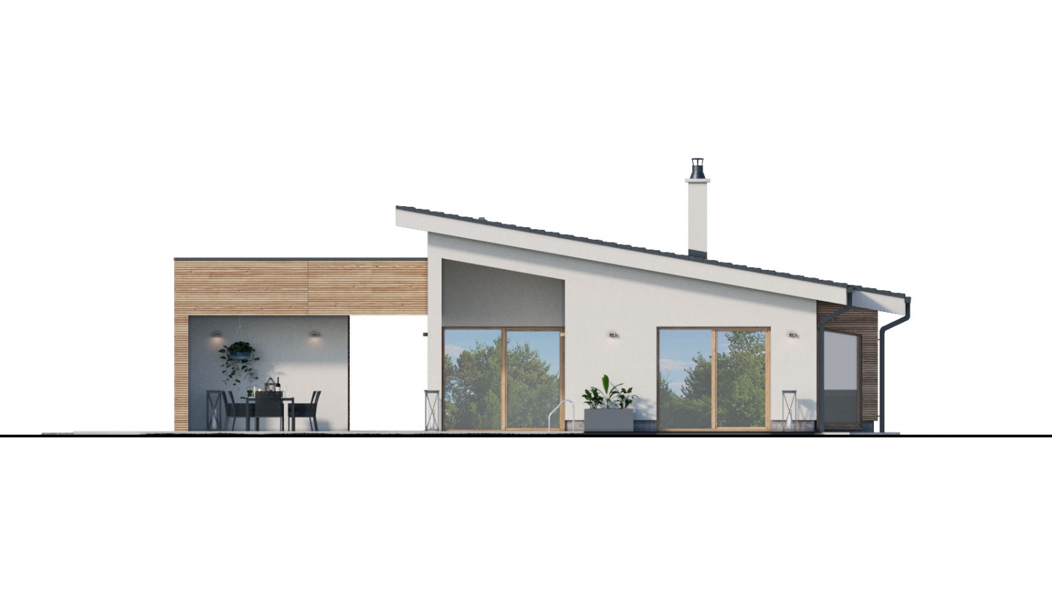 Pohľad 3. - projekt moderního bungalovu s garáží vhodného pro 4 až 6 člennou rodinu