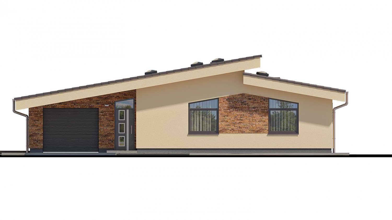 Zrkadlový pohľad 1. - Rodinný dům s pultovými střechami a garáží. Možnost výstavby bez garáže.