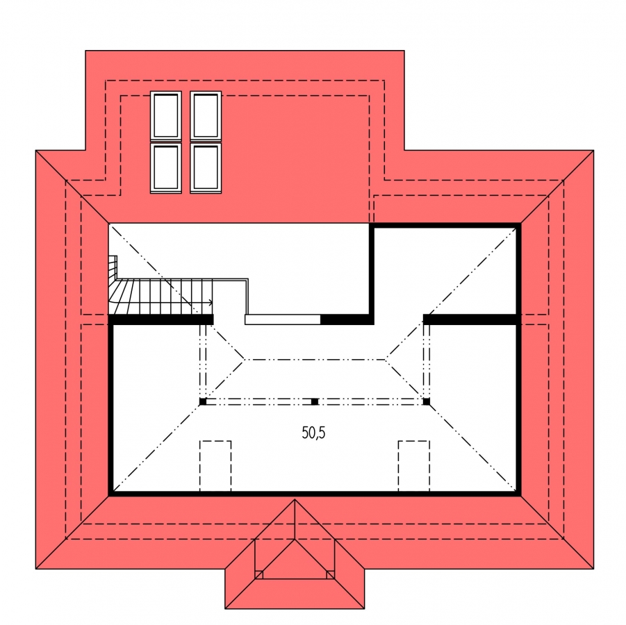 Pôdorys Poschodia - Projekt rodinného domu s podkrovím a velkoprostorové obytnou částí se střešními okny.