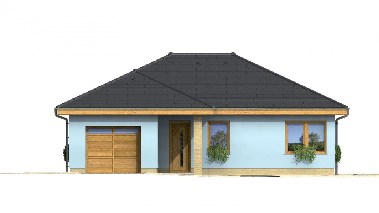 Zrkadlový pohľad 1. - Projekt přízemního rodinného domu s garáží, valbovou střechou a terasou.