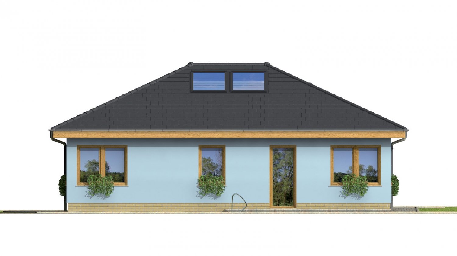 Pohľad 2. - Projekt přízemního rodinného domu s garáží, valbovou střechou a terasou.