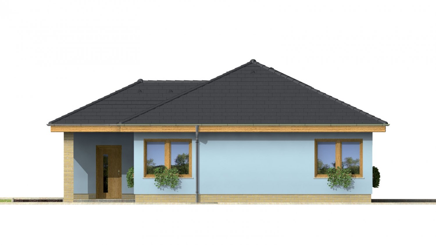 Pohľad 4. - Projekt přízemního rodinného domu s garáží, valbovou střechou a terasou.