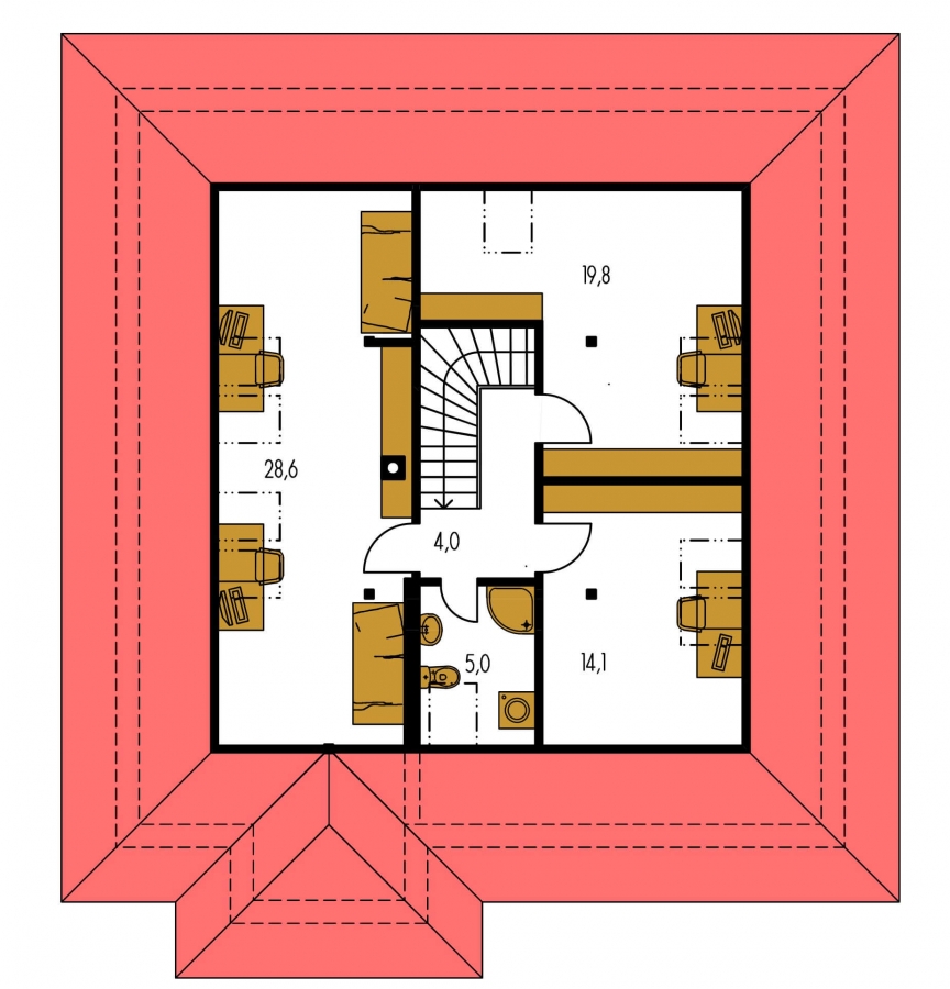 Pôdorys Poschodia - Pěkný dům s garáží, terasou, podkrovím a pokojem v přízemí