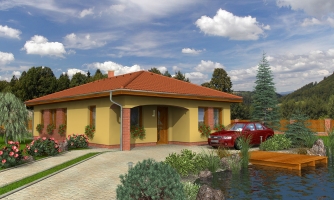 Projekt domu na úzký pozemek s valbovou střechou a terasou.