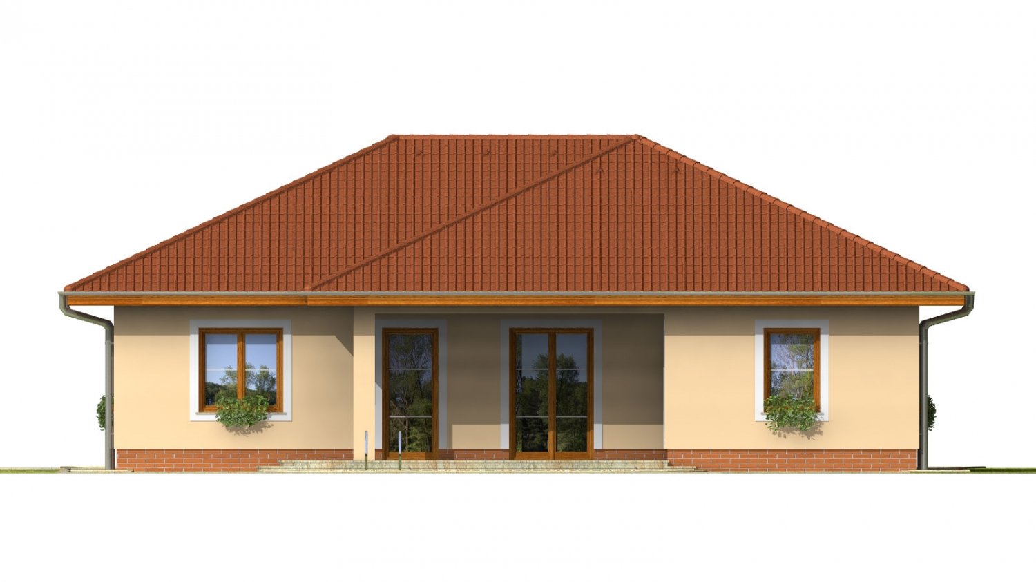 Pohľad 3. - Projekt rodinného domu do tvaru L s terasou a technickou místností.