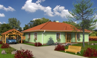 Klasický projekt přízemního rodinného domu s valbovými střechami, vhodný i na užší pozemek.
