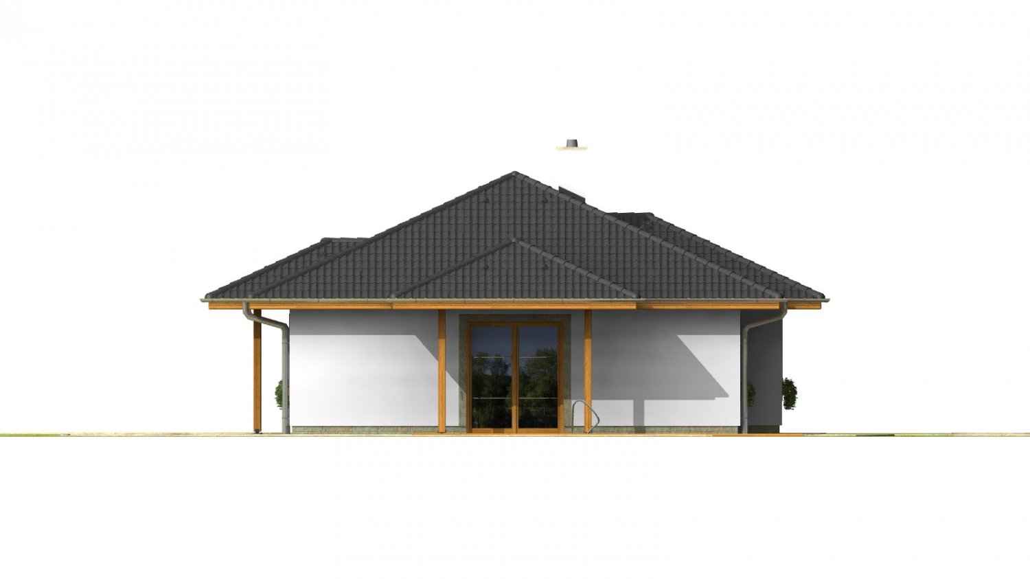 Pohľad 2. - Klasický projekt přízemního rodinného domu s valbovými střechami, vhodný i na užší pozemek.
