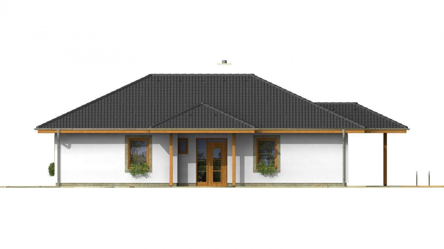 Zrkadlový pohľad 1. - Klasický projekt přízemního rodinného domu s valbovými střechami, vhodný i na užší pozemek.