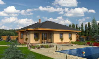 Nádherný rodinný dům s terasou s členitou střechou a obloukovým jídelním koutem.
