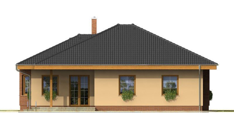 Pohľad 2. - Nádherný rodinný dům s terasou s členitou střechou a obloukovým jídelním koutem.