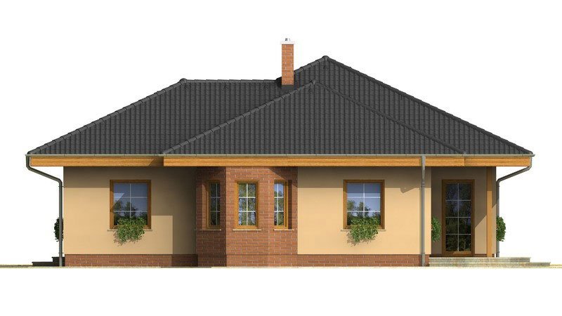 Pohľad 3. - Nádherný rodinný dům s terasou s členitou střechou a obloukovým jídelním koutem.