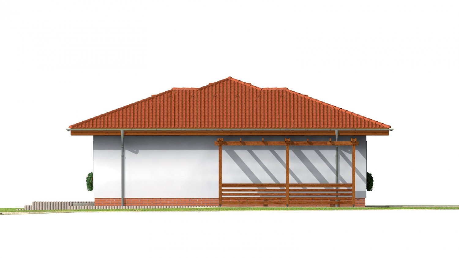 Pohľad 2. - Přízemní dům s valbovou střechou bez garáže.