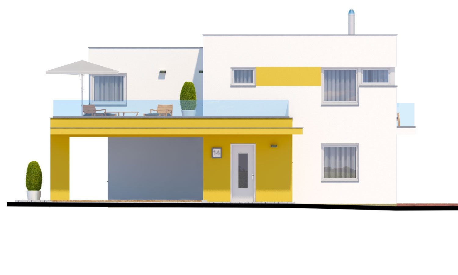 Pohľad 1. - Atypický projekt domu s krytým stáním pro dvě auta a pokojem v přízemí.
