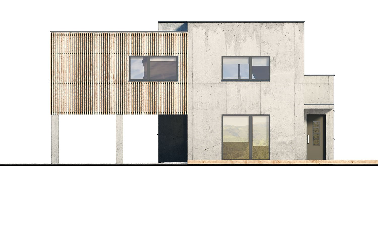 Pohľad 1. - Dvougenerační moderní rodinný dům s plochou střechou s krytým stáním pro auta.