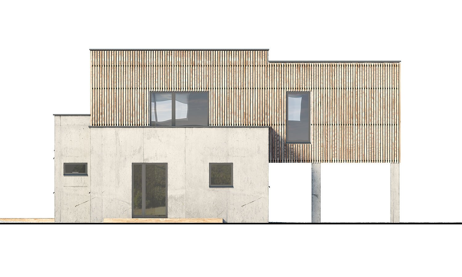 Pohľad 3. - Dvougenerační moderní rodinný dům s plochou střechou s krytým stáním pro auta.