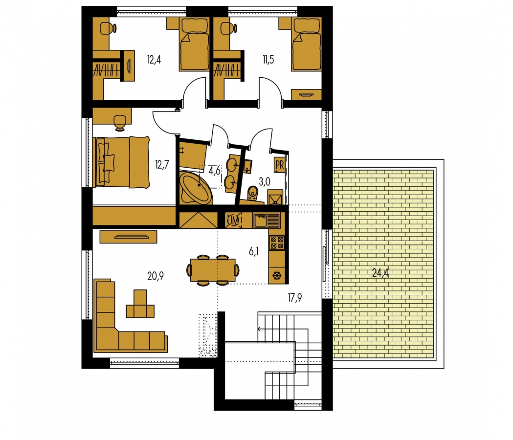 Pôdorys Poschodia - Dvougenerační moderní rodinný dům s plochou střechou s krytým stáním pro auta.