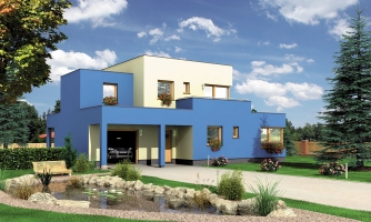 Projekt moderního rodinného domu s plochou střechou, pokojem v přízemí a garáží.