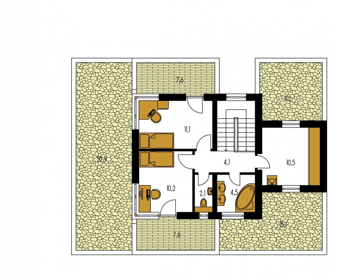 Pôdorys Poschodia - Projekt moderního rodinného domu s plochou střechou, pokojem v přízemí a garáží.