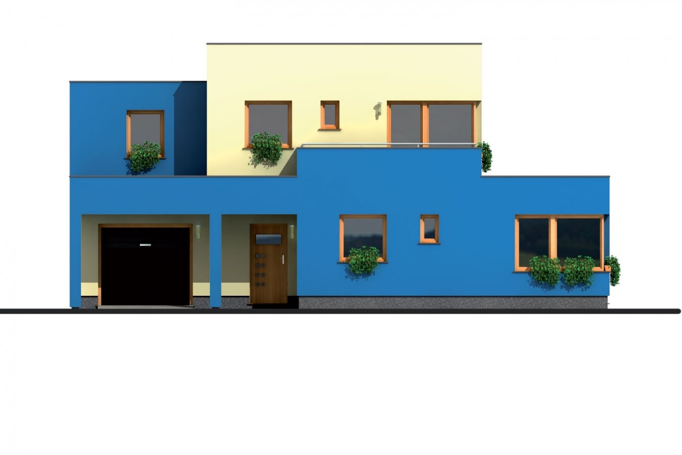 Zrkadlový pohľad 1. - Projekt moderního rodinného domu s plochou střechou, pokojem v přízemí a garáží.